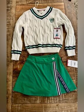 Wilson Tennis Set Green Cable Knit Sweater & White Pleated Skirt Preppy NWT M(8)